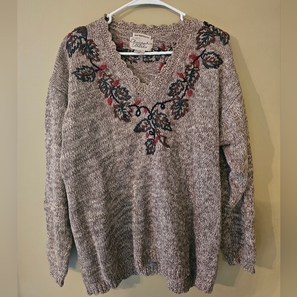 Vintage Christopher & Banks Floral Hand Embroidered V Neck Sweater